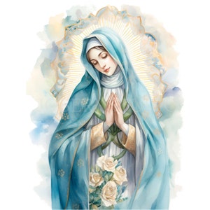 Clipart Vergine Maria, bundle 10 PNG di alta qualità, acquerello vintage Santa Maria, download digitale, creazione di cartoline, supporti misti, creazione di carta digitale/170