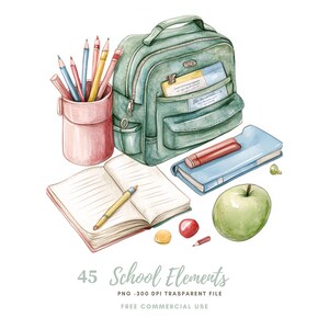 Ensemble de 45 cliparts d'éléments scolaires PNG de haute qualité, aquarelle fille et garçon vont à l'école | Téléchargement numérique, autocollants Goodnotes imprimables | 814