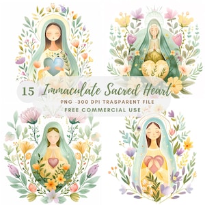 Imágenes Prediseñadas del Sagrado Corazón Inmaculado, Paquete 15 de alta calidad, Acuarela de Santa María, Descarga digital, Fabricación de tarjetas, Técnica mixta, Artesanía en papel digital/248