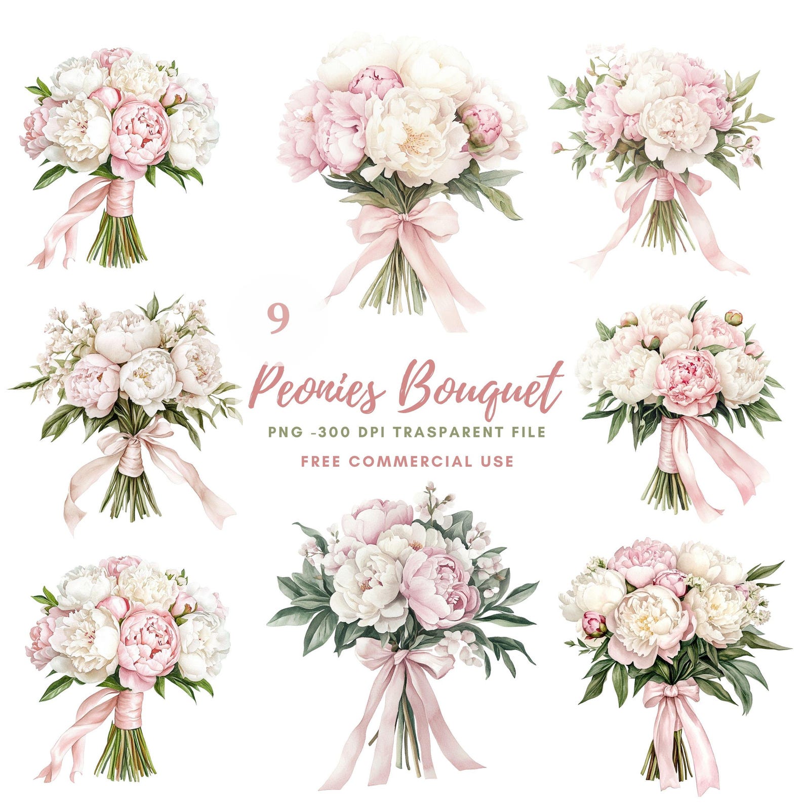 Peonies Bouquet Clipart Bundle 9 High Quality Png,watercolor Pink ...