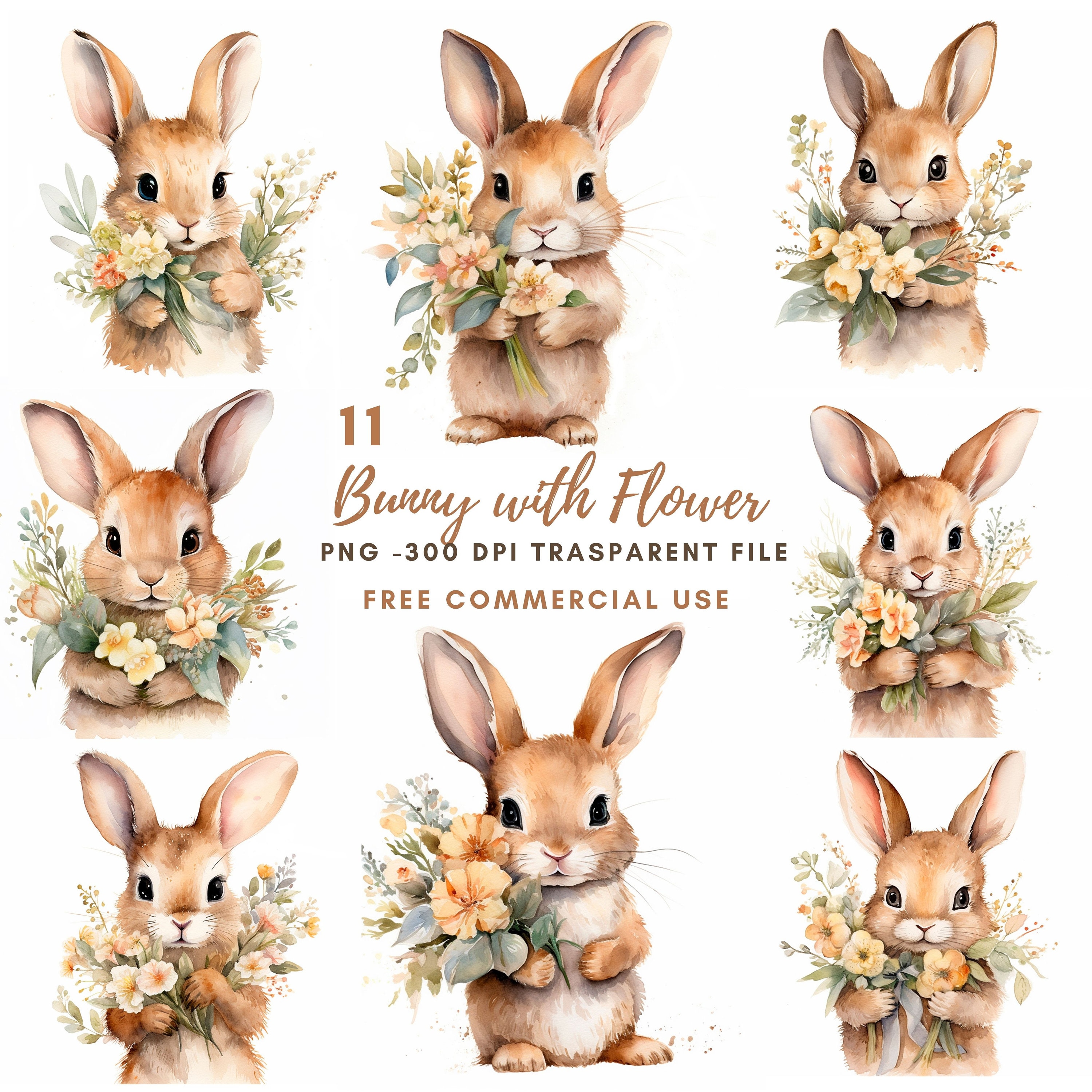 Bunny With Flower Clipart PNG Bundle 15 High Quality, Watercolor Rabbit ...