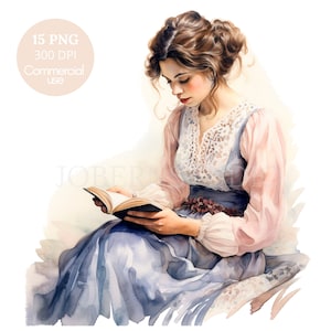 Donna vittoriana lettura libro Clipart PNG, bundle 15 JPG di alta qualità, download digitale, creazione di carte, artigianato in carta digitale, adesivi stampabili/ 64