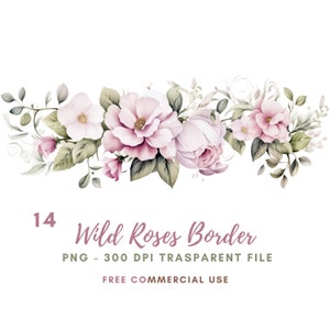 Bordo rosa rosa, pacchetto clipart ghirlanda di fiori 14 PNG di alta qualità, ramo acquerello, download digitale, creazione di cartoline, artigianato in carta digitale/ 469