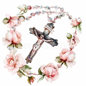 Pacchetto di clipart rosario di fiori 18 PNG di alta qualità, croce acquerello, adesivo, download digitale, creazione di carte, supporti misti, artigianato in carta digitale/ 237