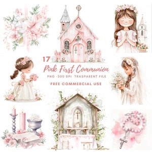 Erstkommunion Clipart PNG,Bundle 17 Hohe Qualität,Rosa betendes Mädchen,Digitaler Download,Kartengestaltung,Digitales Papier, druckbare Aufkleber| 391