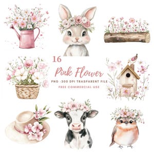 Fleur rose, lot de 16 cliparts animaux haute qualité PNG, aquarelle chat rose, lapin, téléchargement numérique, autocollants imprimables Goodnotes | 749