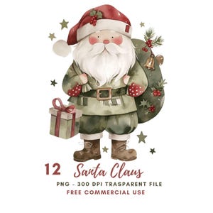 Clipart Noël père Noël, lot de 12 PNG haute qualité, aquarelle vert père Noël, autocollants imprimables Goodnotes, téléchargement numérique | 609