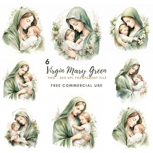 Vergine Maria Clipart, Pacchetto 6 PNG di alta qualità, Acquerello verde Madonna, Download digitale, Adesivi stampabili, Carta digitale artigianale/ 521