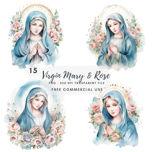 Clipart Vergine Maria, bundle 15 PNG di alta qualità, acquerello nostra Santa Maria, download digitale, creazione di cartoline, supporti misti, creazione di carta digitale/372