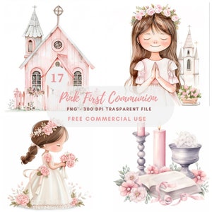 Prima comunione Clipart PNG, Bundle 17 alta qualità, Ragazza rosa che prega, Download digitale, Creazione di biglietti, Carta digitale, Adesivi stampabili/ 391