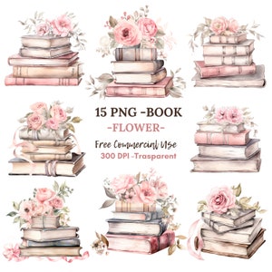 Floral Book Clipart Bundle 15 PNG de haute qualité, Lecture de coin, Décoration intérieure, Autocollants, Téléchargement numérique, Fabrication de cartes, Artisanat en papier numérique|91