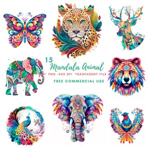Clipart animali Mandala, bundle 15 PNG di alta qualità, animali acquerello, adesivi stampabili, download digitale, creazione di cartoline, creazione di carta digitale/383
