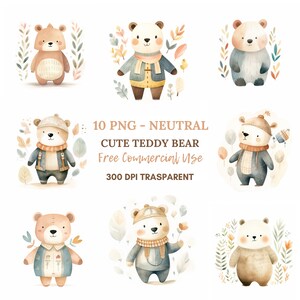 Teddy Bear Baby Party Clipart PNG,10 Haute Qualité, Aquarelle Téléchargement numérique, Fabrication de cartes, Licence commerciale, Digital Paper Craft| 173