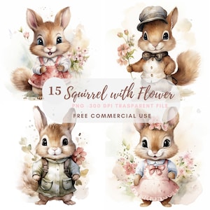 Écureuil avec fleur Clipart PNG Bundle 15 Haute qualité, Aquarelle florale, Téléchargement numérique, Fabrication de cartes, Médias mixtes, Artisanat en papier numérique|168