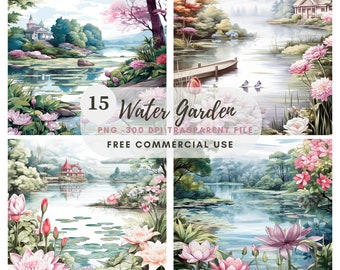 Jardin d'eau Clipart JPG, lot de 15 haute qualité, fleurs de jardin paysager, téléchargement numérique, fabrication de cartes, techniques mixtes, créations numériques en papier | 320