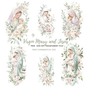 Clipart del fiore della Vergine Maria, pacchetto di 9 PNG di alta qualità, Vergine Maria e Gesù, adesivi stampabili Goodnotes, download digitale/774