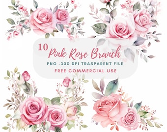 Op de afbeelding: Waterverfillustraties van roze rozen takken met groene bladeren en kleine roze knoppen. De afbeelding bevat de tekst "10 Pink Rose Branch" en "PNG -300 DPI TRASPARENT FILE FREE COMMERCIAL USE".