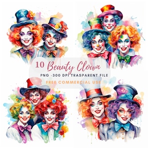 Clowns Clipart PNG, Pacote 10 Alta Qualidade, Aquarela Circo Mulher, Download Digital, Criação de Cartões, Artesanato em Papel Digital, Adesivos para Imprimir | 214