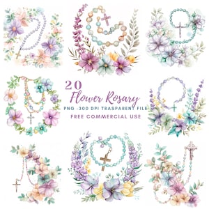 Pacchetto di clipart rosario fiore 20 PNG di alta qualità, acquerello croce, adesivo, download digitale, creazione di cartoline, supporti misti, artigianato in carta digitale/ 242