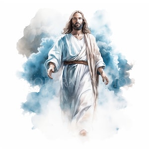 Paquete de imágenes prediseñadas de Jesucristo 15 PNG de alta calidad, Jesús en acuarela en la nube, pegatinas imprimibles, descarga digital, creación de tarjetas, medios mixtos/ 272