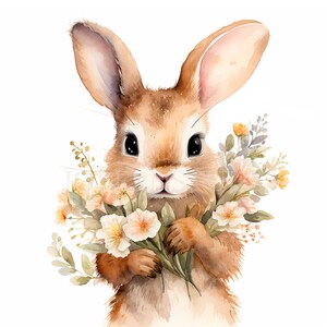 Bunny with Flower Clipart PNG Bundle 11 High Quality, Watercolor Rabbit,Digital Download,Card Making,Mixed Media,Digital Paper Craft|268