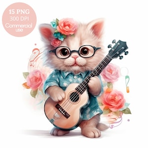 Crazy Cats Clipart PNG Bundel 15 Hoge kwaliteit JPG, Grappige katten spelen gitaar, Digitale download, Kaart maken, Mixed Media, Digitale papierkunst | 326