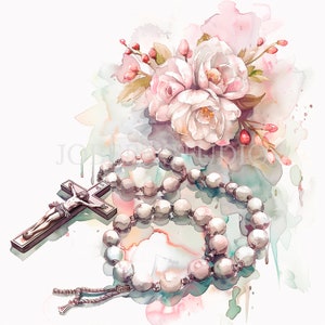 Pacchetto di clipart rosario fiore 14 PNG di alta qualità, acquerello croce rosa, download digitale, creazione di carte, supporti misti, artigianato in carta digitale/ 235