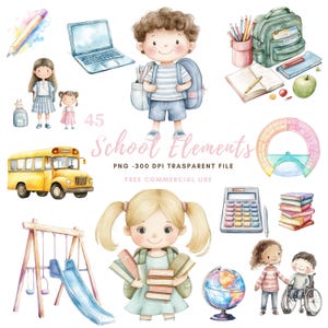 Ensemble de 45 cliparts d'éléments scolaires PNG de haute qualité, aquarelle fille et garçon vont à l'école | Téléchargement numérique, autocollants Goodnotes imprimables | 814