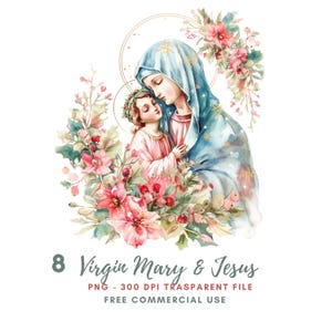 Clipart della Vergine Maria, Pacchetto 8 PNG di alta qualità, Acquerello Natale Maria e Gesù, Adesivi stampabili Goodnotes, Download digitale/ 470