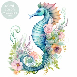 Caballito de mar Clipart PNG, paquete 12 de alta calidad, caballito de mar de acuarela, submarino, pegatinas imprimibles, descarga digital, fabricación de tarjetas, papel digital / 447