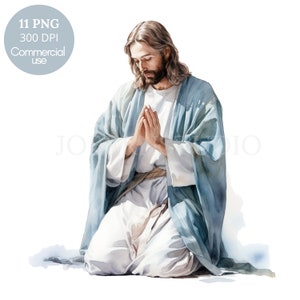Paquete de imágenes prediseñadas de Jesucristo 11 PNG de alta calidad, acuarela Jesús orando, descarga digital, fabricación de tarjetas, medios mixtos, artesanía de papel digital / 337