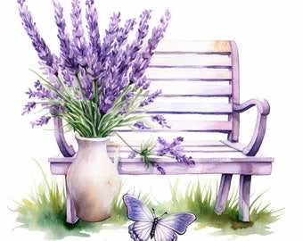 May include: A watercolor painting of a purple lavender bouquet in a white vase on a white wooden bench with a purple butterfly on the ground in front of the bench.