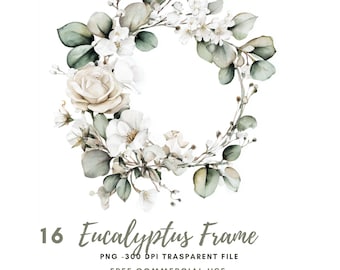 Puede incluir: Corona floral de acuarela con rosas blancas, flores y hojas de eucalipto en tonos verdes y grises. El texto "16 Eucalyptus Frame" está en la parte inferior, junto con los detalles del archivo y "FREE COMMERCIAL USE".