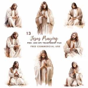 Pacchetto di clipart di Gesù Cristo 13 PNG di alta qualità, acquerello Gesù che prega, download digitale, creazione di cartoline, supporti misti, artigianato in carta digitale/ 315