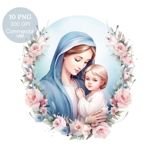 Clipart della Vergine Maria, Pacchetto 10 PNG di alta qualità, Natale Maria e Gesù, Adesivi stampabili Goodnotes, Download digitale, Carta digitale/ 499