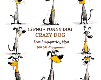 Può includere: Una collezione di nove illustrazioni di cani dei cartoni animati con tratti esagerati. I cani hanno colli lunghi, occhi grandi ed espressioni varie. L'immagine include il testo "15 PNG - FUNNY DOG CRAZY DOG Free Commercial Use 300 DPI -Trasparent."