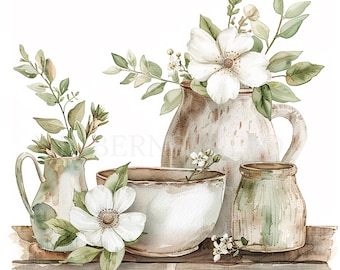 May include: A watercolor painting of a still life featuring a white bowl, a white pitcher, a brown pitcher, and a brown jar. The pitchers and jar are decorated with a rustic, textured finish. The bowl and pitchers are filled with white flowers.