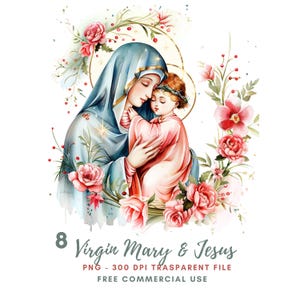 Maagd Maria clipart, bundel 8 hoge kwaliteit png, aquarel kerstmis Maria en Jezus, afdrukbare stickers goodnotes, digitale download | 470