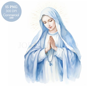 Clipart Vergine Maria, bundle 15 PNG di alta qualità, acquerello blu Nostra Signora, download digitale, adesivi stampabili, artigianato in carta digitale/ 485