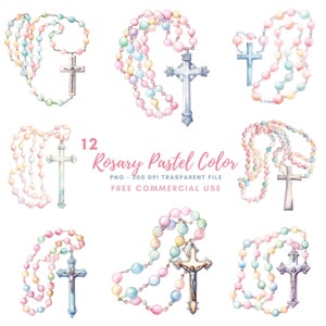 Pastelkleurige rozenkrans clipartbundel 15 hoge kwaliteit png, kruisaquarel, digitale download, afdrukbare stickers, digitale papierkunst | 483