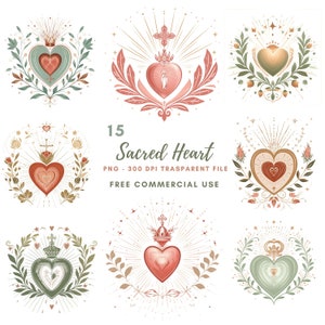 Pacchetto di clipart del Sacro Cuore 15 PNG di alta qualità, acquerello Gesù Maria, download digitale, creazione di biglietti, tecniche miste, artigianato con carta digitale/ 490