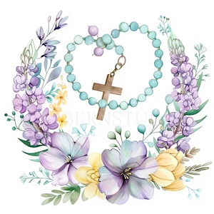 Pacchetto di clipart rosario fiore 20 PNG di alta qualità, acquerello croce, adesivo, download digitale, creazione di cartoline, supporti misti, artigianato in carta digitale/ 242