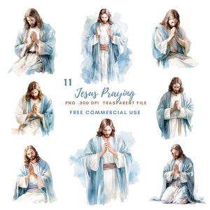 Paquete de imágenes prediseñadas de Jesucristo 11 PNG de alta calidad, acuarela Jesús orando, descarga digital, fabricación de tarjetas, medios mixtos, artesanía de papel digital / 337