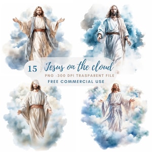 Pacchetto di clipart di Gesù Cristo 15 PNG di alta qualità, Gesù acquerello su nuvola, adesivi stampabili, download digitale, creazione di cartoline, supporti misti/ 272