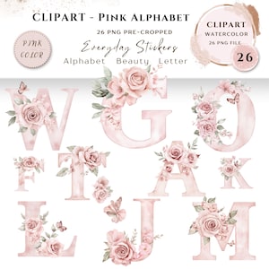 Paquete de 26 imágenes prediseñadas de letras del alfabeto floral de alta calidad PNG, letras de acuarela rosa, pegatinas imprimibles Goodnotes, descarga digital/ 663