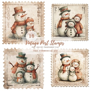 Vintage Post Stamps Christmas Snowman Clipart PNG,Bundle 10 High Quality ,Beige Snowman,Printable Stickers Goodnotes, Digital Download| 924