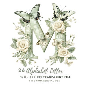 Paquete de 26 imágenes prediseñadas de letras del alfabeto floral PNG de alta calidad, mariposas con letras de acuarela, pegatinas imprimibles Goodnotes, descarga digital/ 675