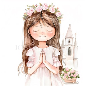 Eerste communie clipart PNG, bundel 17 hoge kwaliteit, roze meisje bidden, digitale download, kaart maken, digitaal papier, afdrukbare stickers | 391