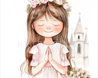 May include: A watercolor illustration of a young girl with long brown hair wearing a white dress and a pink flower crown. She is praying with her hands clasped together. In the background is a white church with a cross on top.