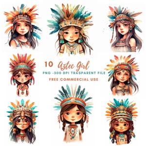 Acquerello ragazza azteca Clipart PNG, bundle 10 alta qualità, download digitale, creazione di cartoline, artigianato in carta digitale, adesivo stampabile/ 274